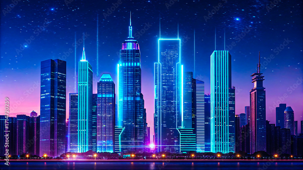 Obraz premium Futuristic cityscape at night with vibrant glowing neon lights reflecting off the water