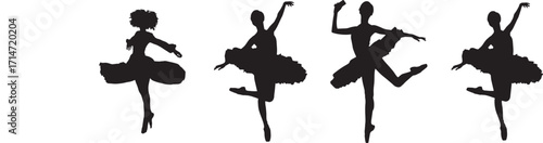 Elegant ballet dancing girl silhouettes in dynamic poses isolated on white background