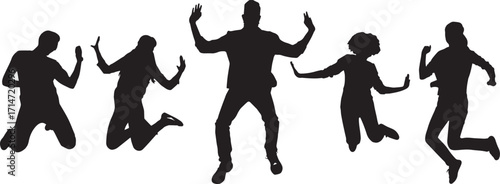 Joyful boys and girls silhouettes jumping together in celebration isolated on white background