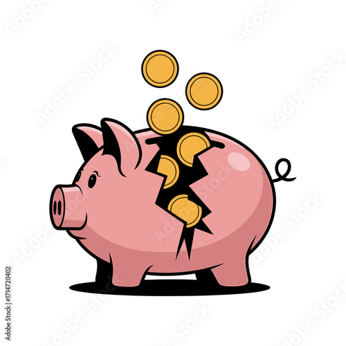 broken piggy bank with falling coins vector illustration symbolizing savings crisis money loss and finance