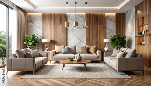Contemporary style interior with sofas, decorations, and a wall panel made of wood and stone, mockup for an illustration
