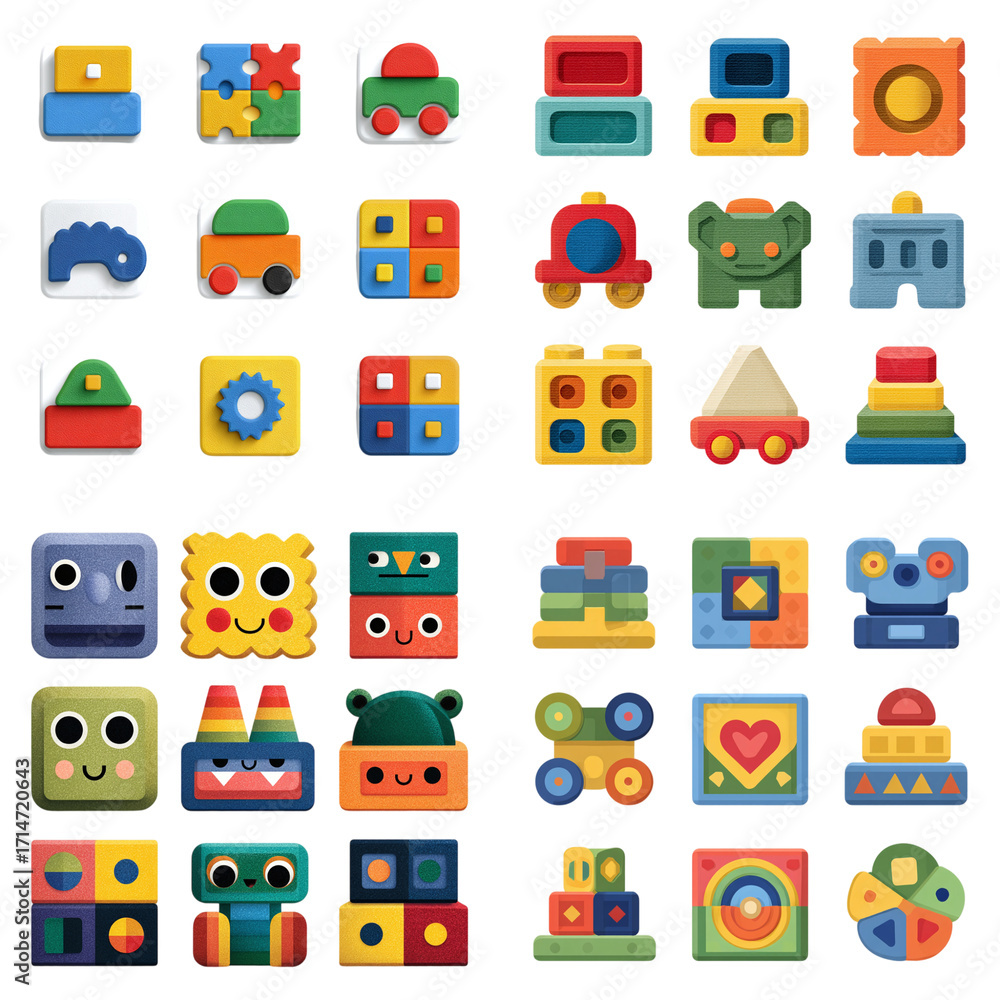 flat vector icon set of 9 children?s toy designs, block and puzzle motifs, bright flat colors, isolated on white flat vector icon set of 9 children?s toy designs, block and puzzle motifs, bright flat colors, isolated on white