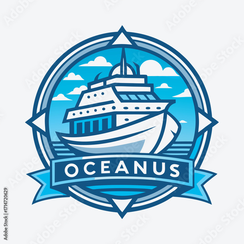 Blue Outline Nautical Ship Icon with Waves