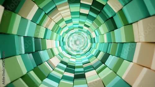 Traveling Through Geometric Tunnel of Green and Beige Blocks