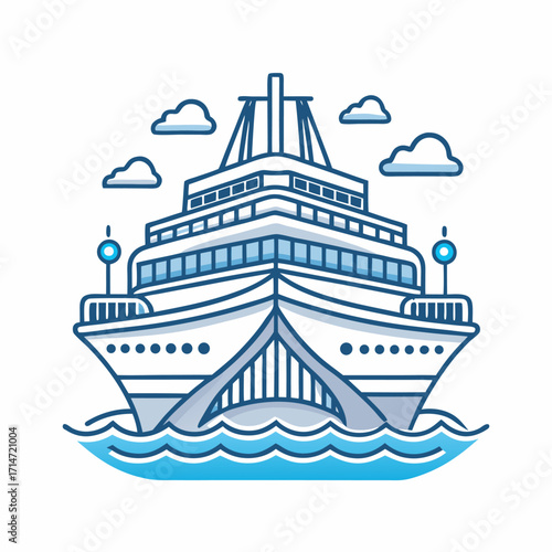 Blue Outline Nautical Ship Icon with Waves