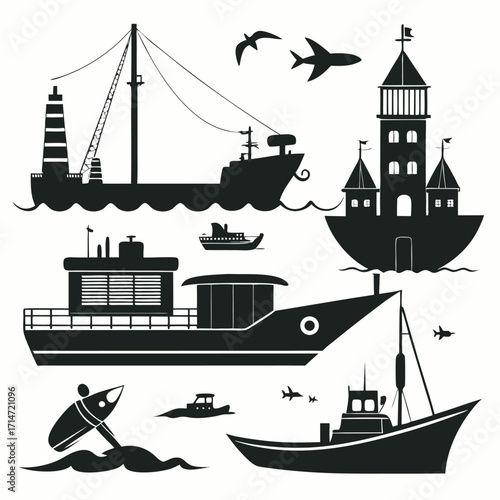 Line Art Cruise Ship Illustration on Ocean Waves