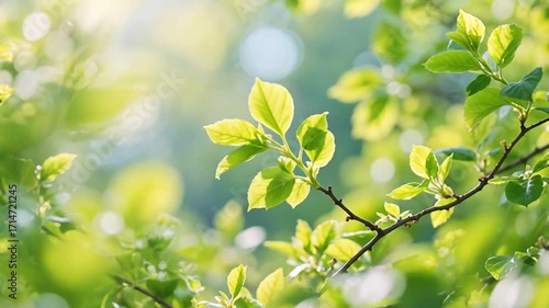 Fresh Green Leaves Swaying Gently on Branch in Sunlight