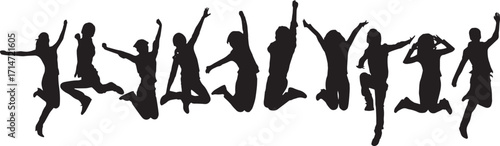 Group of diverse girls in silhouette jumping joyfully together on a isolated white background
