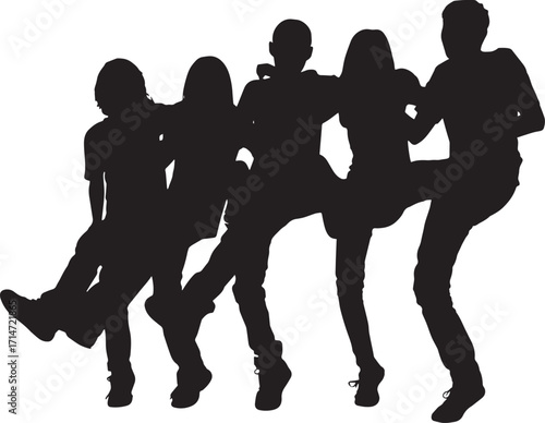 Energetic group of diverse people dancing joyfully in silhouette isolated on white background