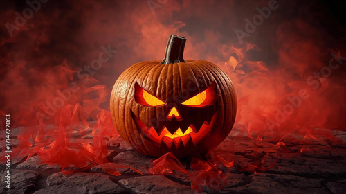A gothic jack-o-lantern with an evil grin and glowing eyes, lit by fiery light and surrounded by red and orange smoke.