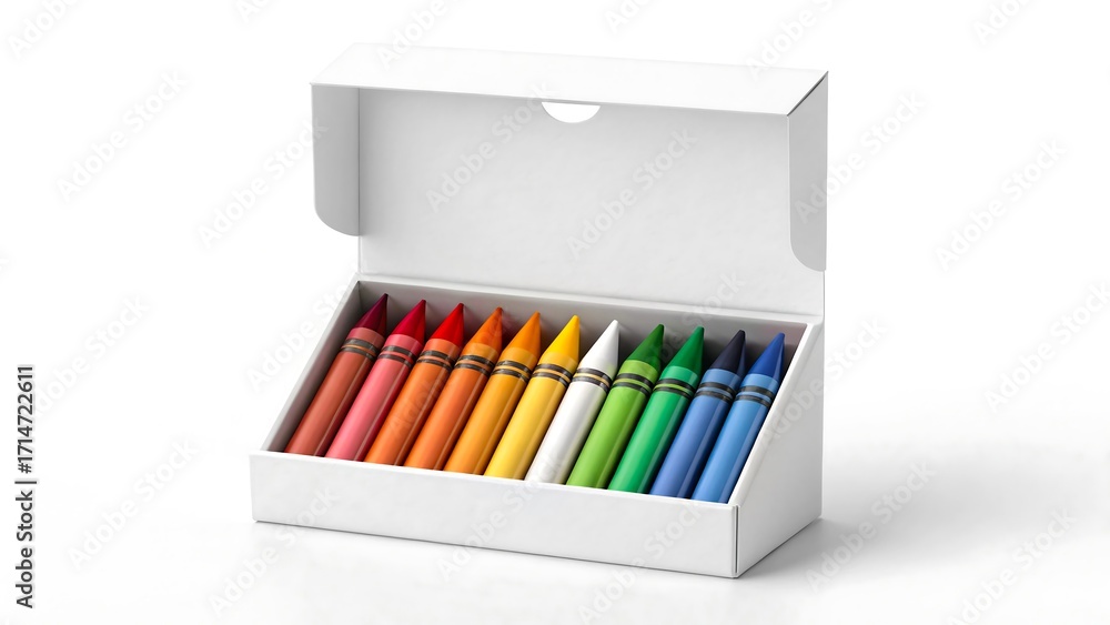 Obraz premium Set of colorful crayons in open box isolated on white background