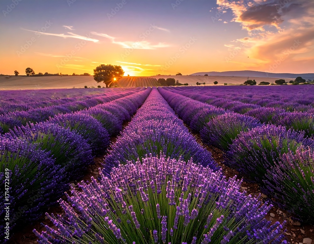 Obraz premium A vast field of vibrant purple lavender blooms stretches out under a beautiful sunrise, showcasing rows of flowers and a tranquil countryside landscape.