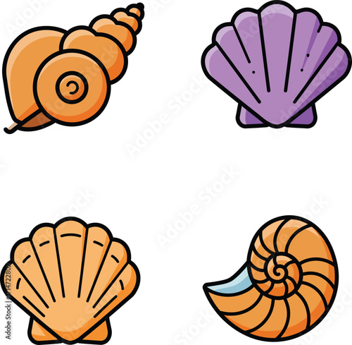 Vector art of collection of seashells in a flat design style on a transparent background