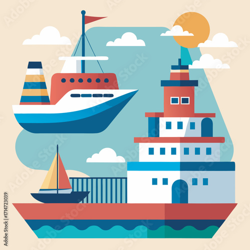 Flat Vector Design of Boats and Lighthouse on Sea