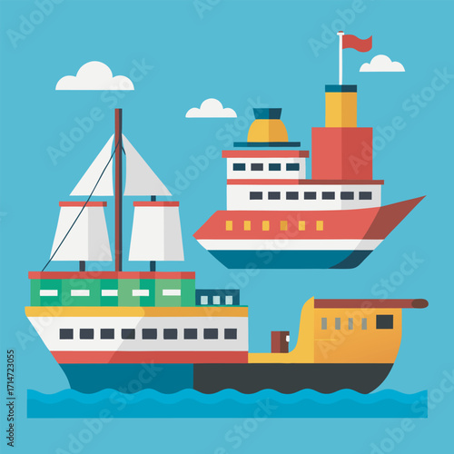Flat Vector Design of Boats and Lighthouse on Sea
