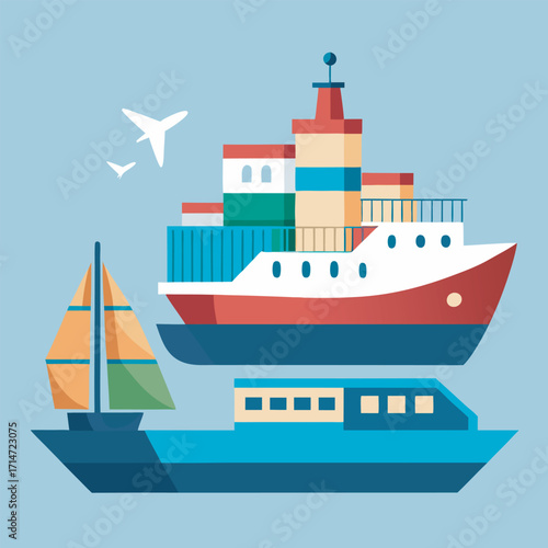 Flat Vector Design of Boats and Lighthouse on Sea
