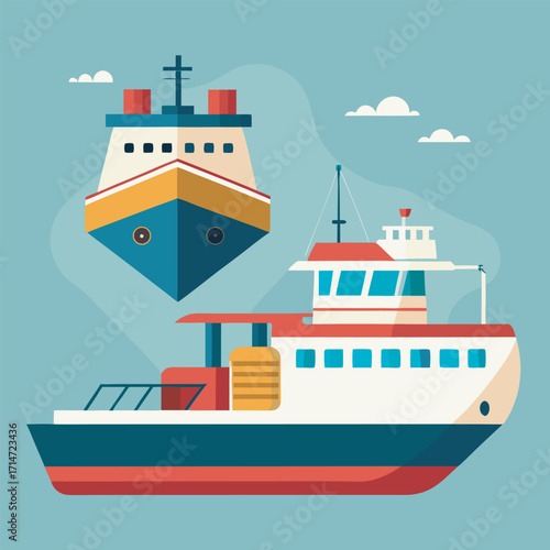 Colorful Nautical Illustration with Ships and Lighthouse