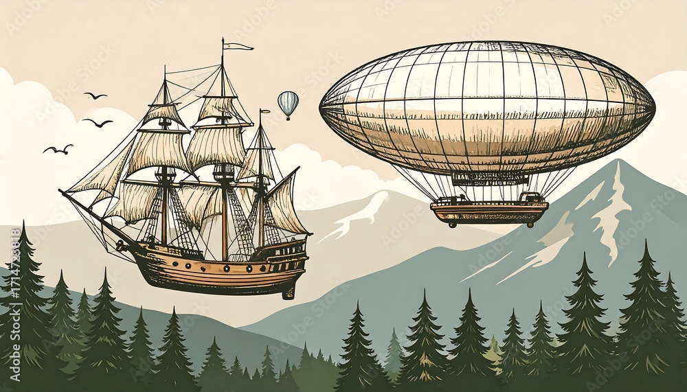 Naklejka premium Vintage illustration of a sailing ship and airship above a mountain landscape, showcasing a charming and whimsical scene.