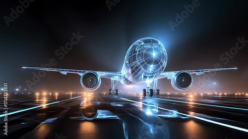 Glowing 3D holographic model of passenger airplane standing on airport runway. Hologram, aviation technology, innovation in aerospace engineering. Luminous digital aircraft 3d model, flight simulation