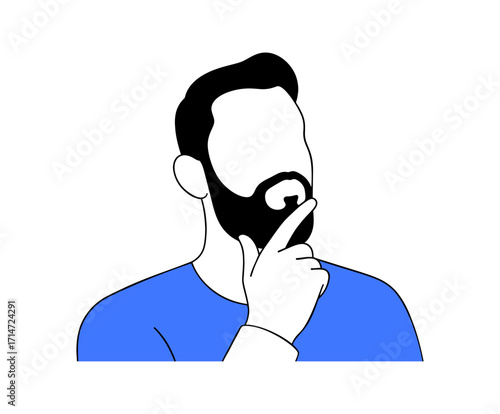 Vector illustration of a faceless man with beard wearing blue shirt in thoughtful gesture with hand on chin representing decision making and thinking concept