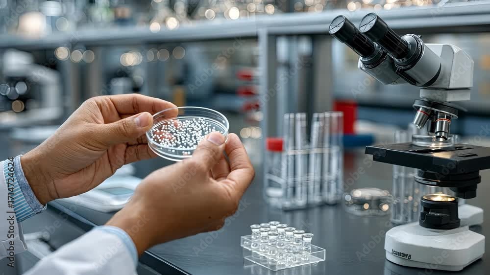 Hands examine petri dish in scientific lab with microscope and test tubes on a clean surface in modern research facility