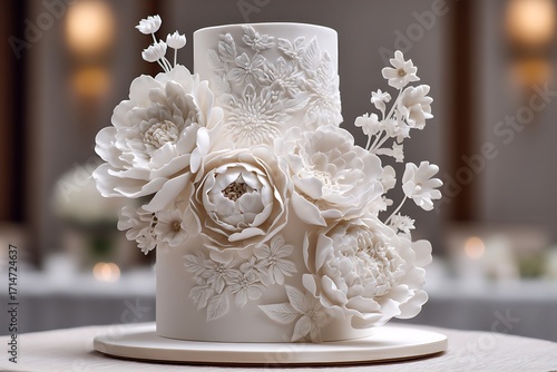 White wedding cake decorated with intricate sugar flowers, creating a soft and romantic centerpiece for the celebration