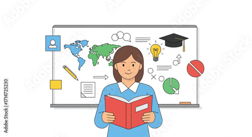 Vector art of teacher with book in front of whiteboard showing world map and education icons