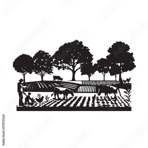 Rural farm scene with farmer child animals and crops