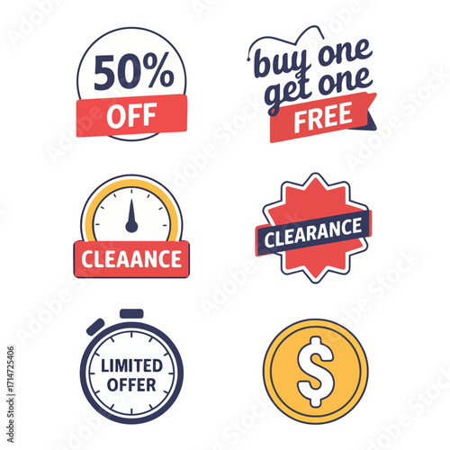 Promotional discount icons set with clearance badge and limited time offer