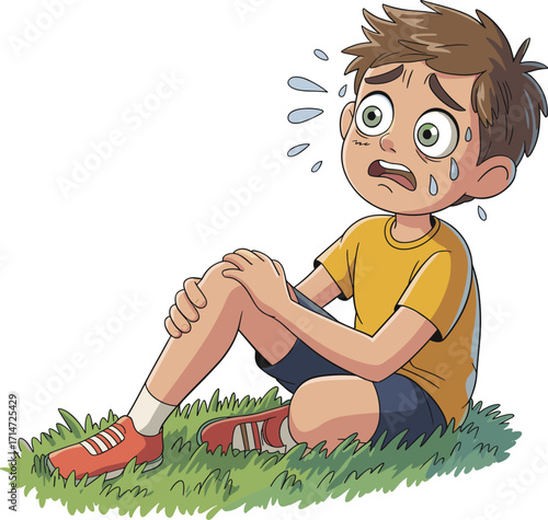 Cartoon injured child, sitting on grass, holding knee, pain expression, yellow shirt, red sneakers, vector illustration, outdoor accident, emotional moment, safety theme