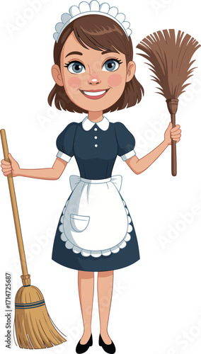 Cartoon maid character, classic uniform, holding broom and duster, friendly smile, vector illustration, cleaning tools, housekeeper theme, vintage style, domestic service, tidy figure