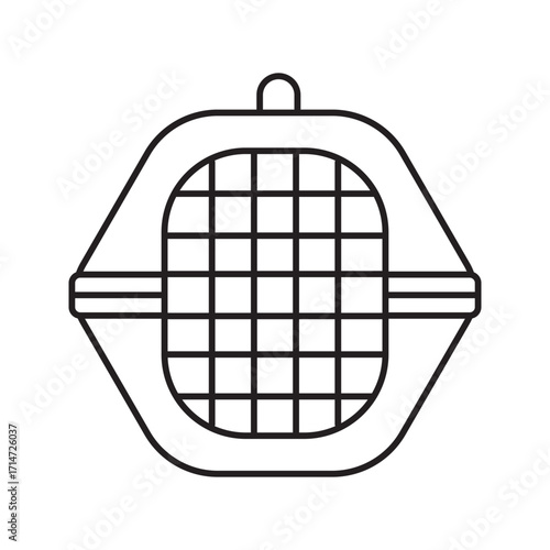 Outline icon of a portable pet carrier for animal transport. A simple vector graphic symbol representing veterinary care, pet shop services, or safe travel with a companion animal