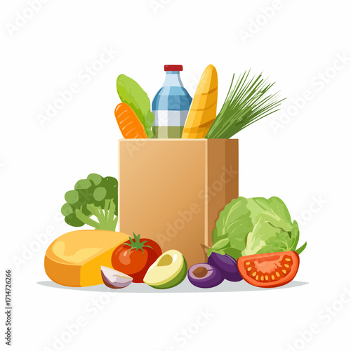 Vector illustration of grocery bags filled with fresh food, vegetables, fruits, bread, and drinks. Perfect for supermarket, delivery, organic market, healthy lifestyle, and food-related design project