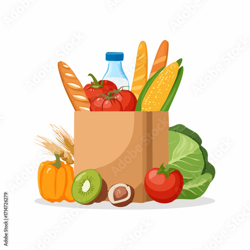 Vector illustration of grocery bags filled with fresh food, vegetables, fruits, bread, and drinks. Perfect for supermarket, delivery, organic market, healthy lifestyle, and food-related design project