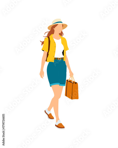 Flat vector people and illustration, woman with casual vacation outfit