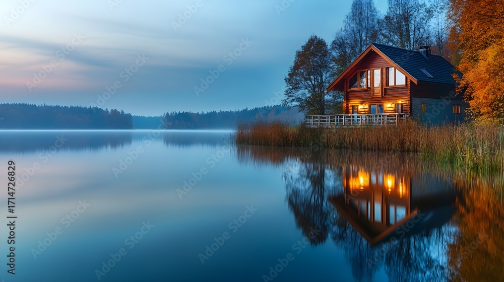 Fototapeta premium Lakeside Log Cabin Autumn Evening Reflection Calm Water