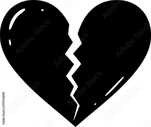 a black and white drawing of a broken heart, simplistic design, vector illustration