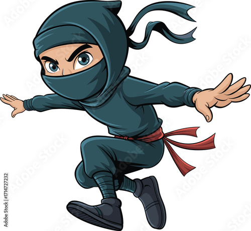 Cartoon ninja character, action pose, stealth warrior, martial arts fighter, pixel style, dynamic leap, red belt, intense eyes, vector illustration, combat theme