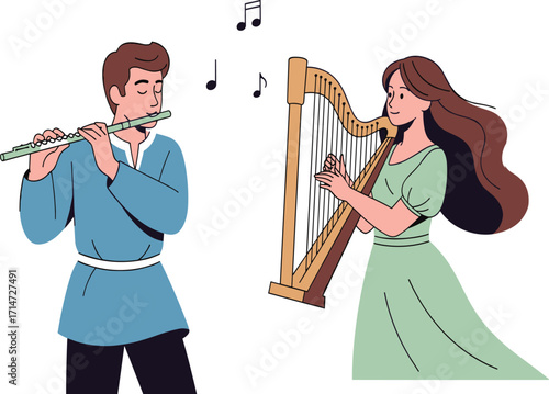 Musicians performing duet, flute and harp, fantasy costume, artistic expression, medieval style, musical notes, harmony, stage, melody, tradition