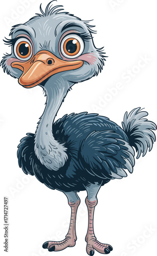 Cartoon ostrich illustration, expressive eyes, orange beak, fluffy feathers, pink legs, vector drawing, kids coloring page, funny bird character, nature art