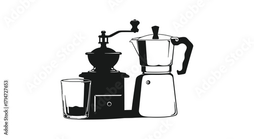 Simple black and white illustration of a coffee grinder and moka pot