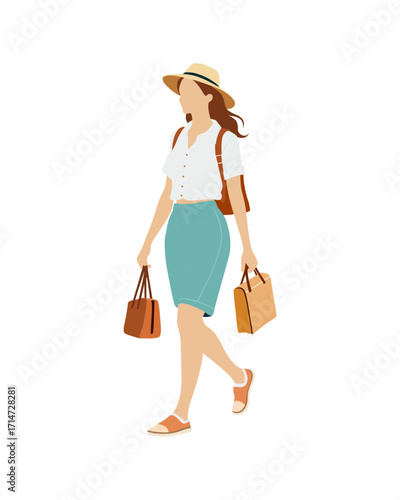 Flat vector people and illustration, woman with casual vacation outfit