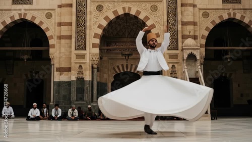 Whirling Dervish Performer in White Attire Spinning in Historical Interior with Arched Architecture