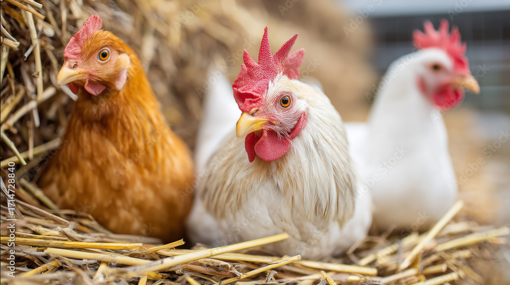 Fototapeta premium Farm chickens sitting on hay.