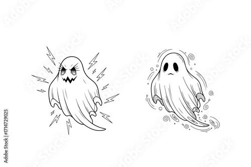 Adorable Ghost Line Drawing with Accessories – Spooky Cute Clipart