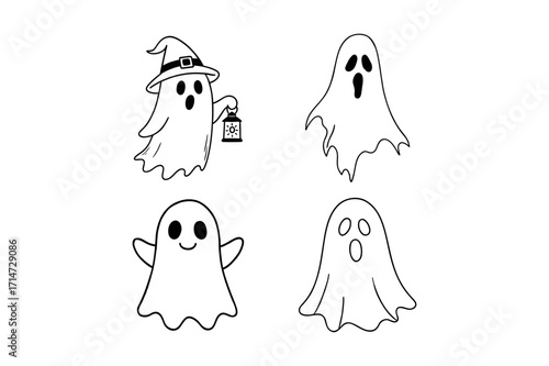Quirky Ghost Line Art with Funny Props – Cute Halloween Illustration