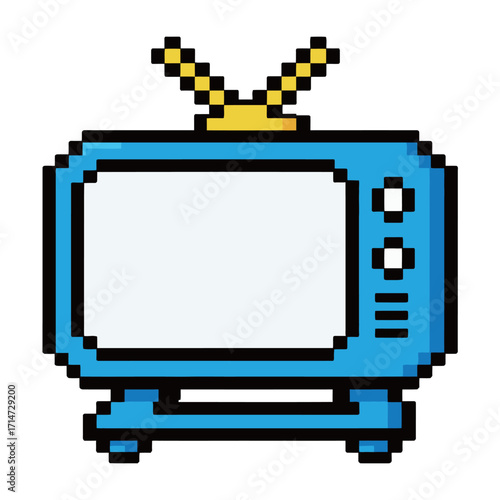 A retro pixel art illustration of an old-fashioned television set with a large empty screen and antennas, rendered in a vintage 8-bit aesthetic, symbolizing classic technology and media.