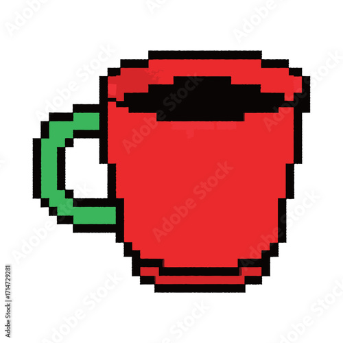 A classic pixel art illustration of a red coffee mug with a green handle, rendered in a simple and bold 8-bit style, perfect for retro-themed designs related to drinks and daily routines.