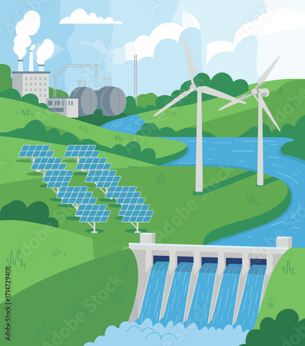 Renewable energy landscape illustration with solar panels, wind turbines, hydroelectric dam, and factory for sustainable, eco-friendly, and environmental themes.