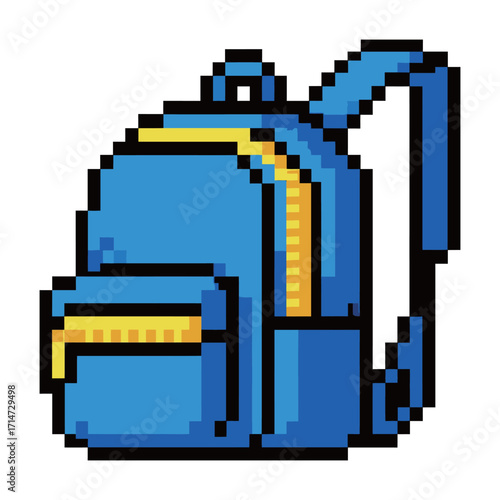 A classic pixel art illustration of a blue school backpack with a yellow zipper, rendered in a nostalgic 8-bit style, symbolizing education, travel, and daily life.